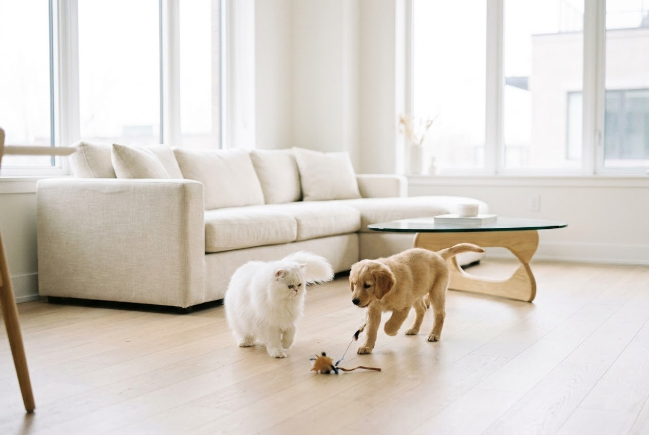 A golden retriever and a white Persian cat sitting together